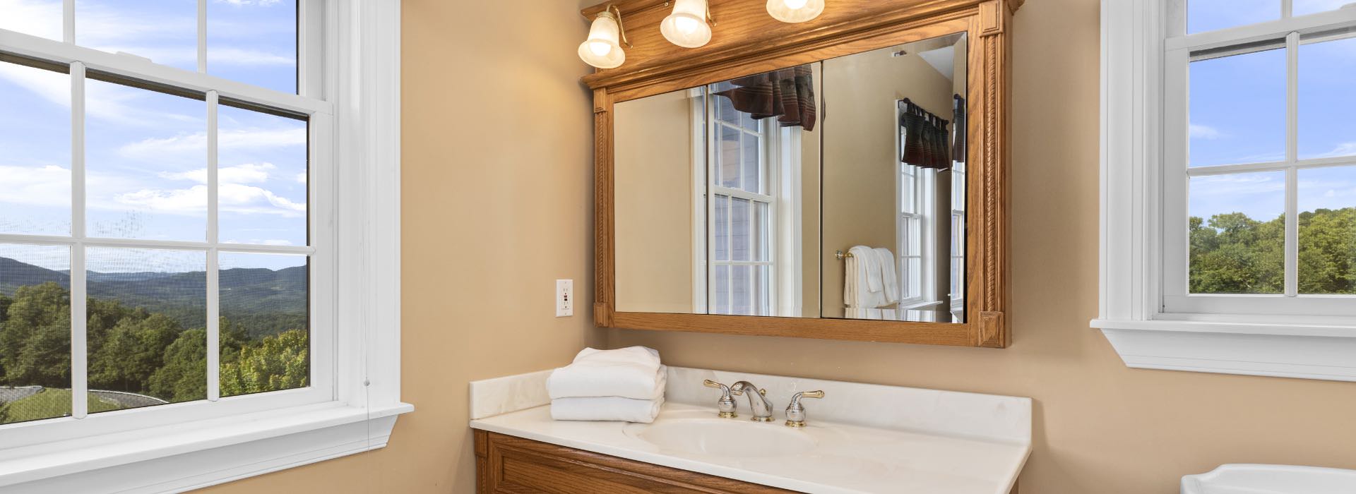 Bathroom with light colored walls, white trim, wooden vanity with white counter top, and large mirror